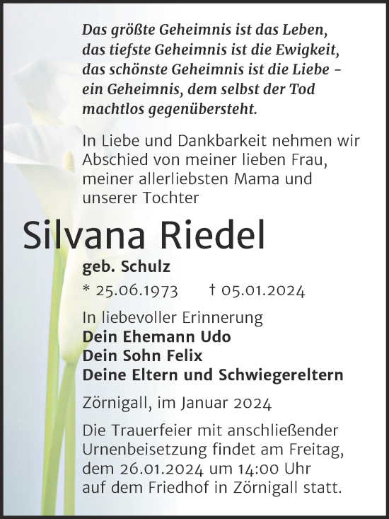 Traueranzeige von Silvana Riedel von Trauerkombi Wittenberg