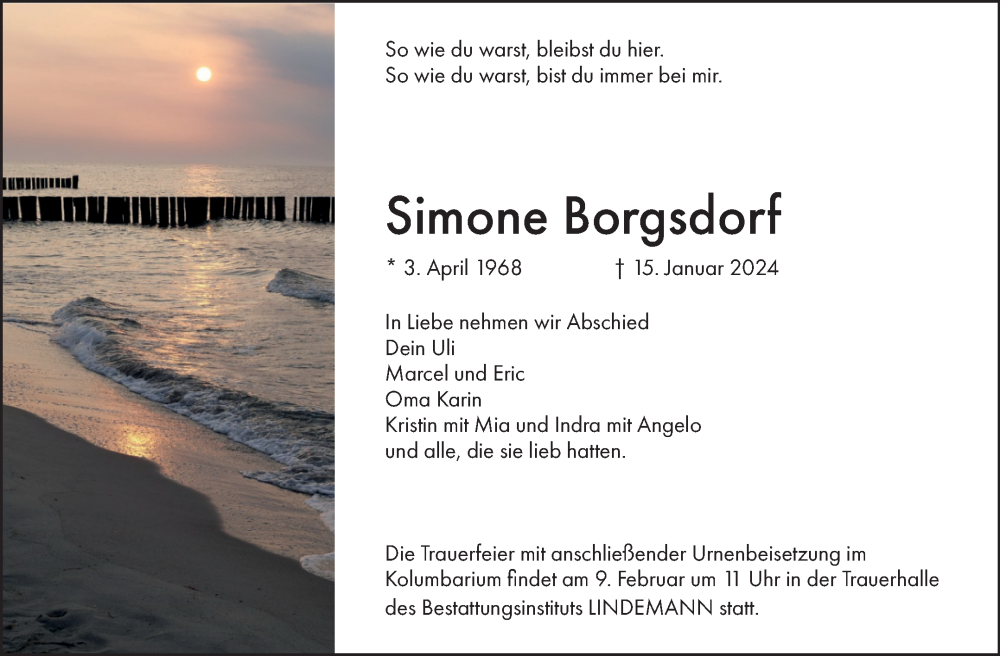  Traueranzeige für Simone Borgsdorf vom 20.01.2024 aus Volksstimme Halberstadt