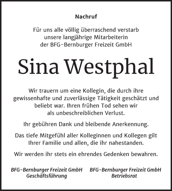 Traueranzeige von Sina Westphal von Super Sonntag Bernburg