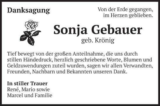Traueranzeige von Sonja Gebauer von Volksstimme Wernigerode