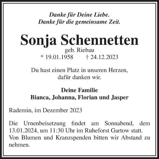 Traueranzeige von Sonja Schennetten von Volksstimme Altmark West