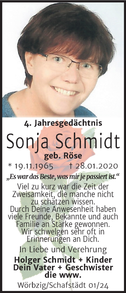 Traueranzeige von Sonja Schmidt von Trauerkombi Köthen
