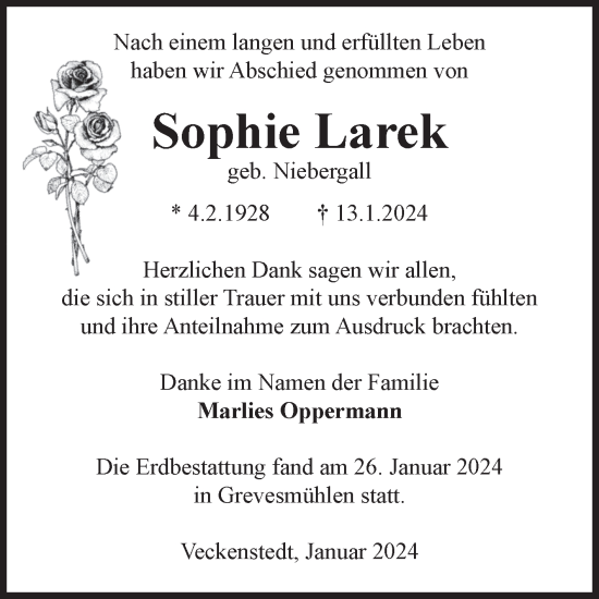 Traueranzeige von Sophie Larek von Volksstimme Wernigerode