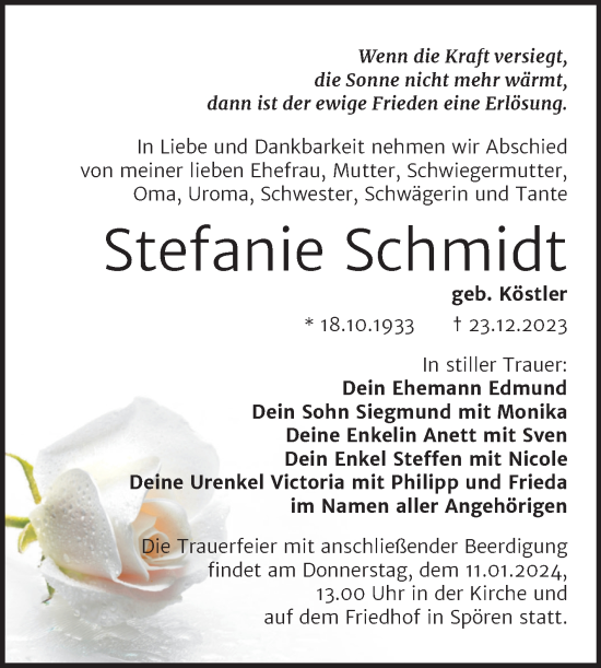 Traueranzeige von Stefanie Schmidt von Trauerkombi Bitterfeld