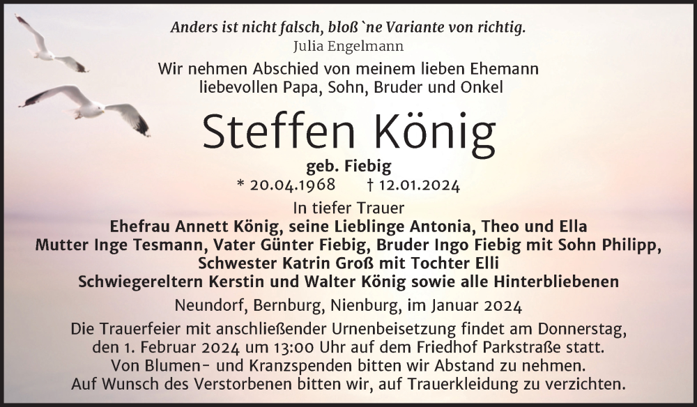  Traueranzeige für Steffen König vom 20.01.2024 aus Trauerkombi Bernburg