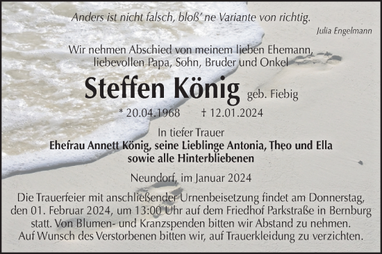 Traueranzeige von Steffen König von Volksstimme Staßfurt