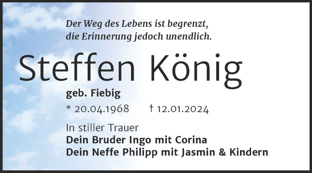  Traueranzeige für Steffen König vom 20.01.2024 aus Trauerkombi Bernburg