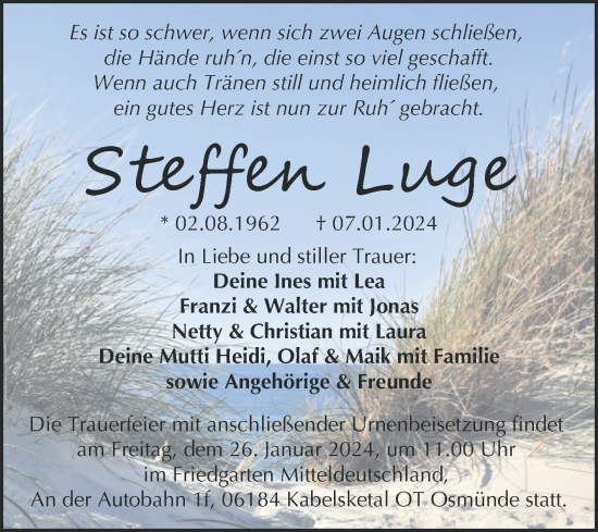 Traueranzeige von Steffen Luge von Mitteldeutsche Zeitung Halle/Saalkreis