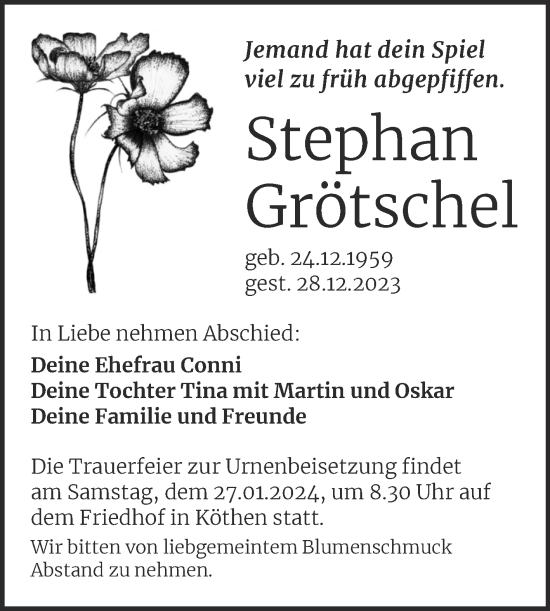 Traueranzeige von Stephan Grötschel von Trauerkombi Köthen