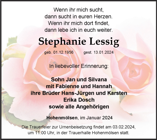 Traueranzeige von Stephanie Lessig von Mitteldeutsche Zeitung Weißenfels