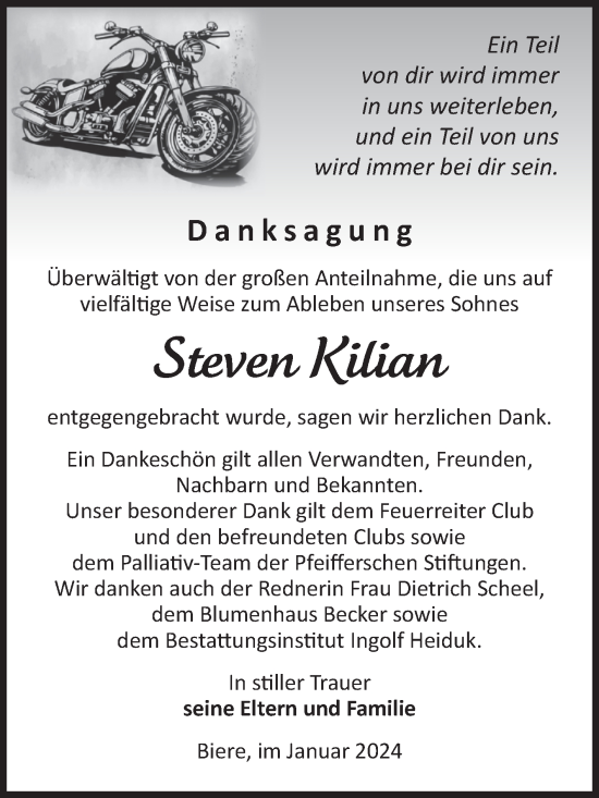 Traueranzeige von Steven Kilian von Volksstimme Schönebeck