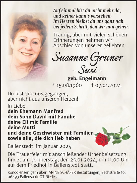 Traueranzeige von Susanne Gruner von Trauerkombi Quedlinburg