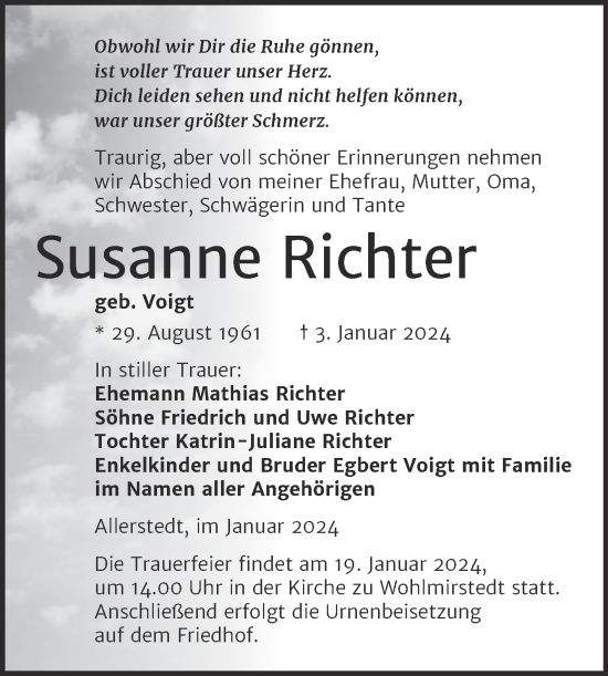 Traueranzeige von Susanne Richter von Wochenspiegel Naumburg/Nebra