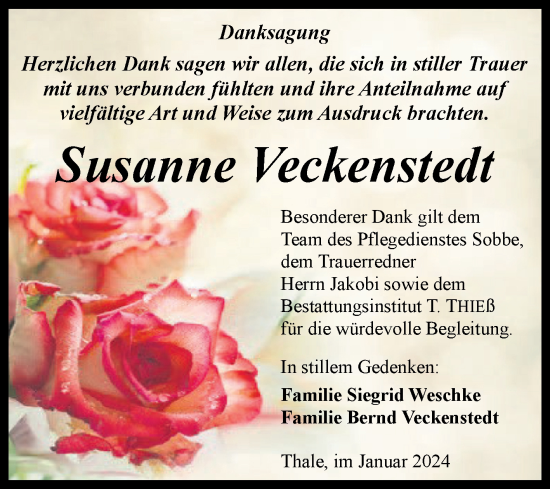 Traueranzeige von Susanne Veckenstedt von Trauerkombi Quedlinburg