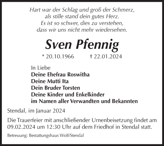 Traueranzeige von Sven Pfennig von Volksstimme Altmark Ost
