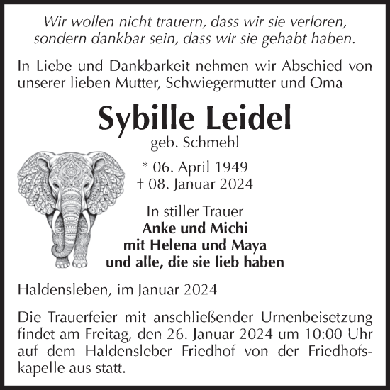 Traueranzeige von Sybille Leidel von Volksstimme Haldensleben/Wolmirstedt