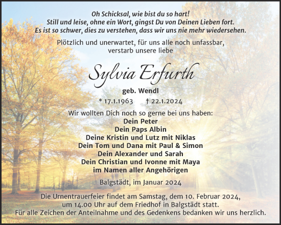 Traueranzeige von Sylvia Erfurth von Wochenspiegel Naumburg/Nebra