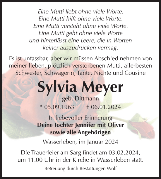 Traueranzeige von Sylvia Meyer von Volksstimme Wernigerode