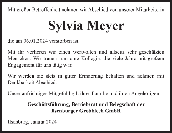 Traueranzeige von Sylvia Meyer von Volksstimme Wernigerode