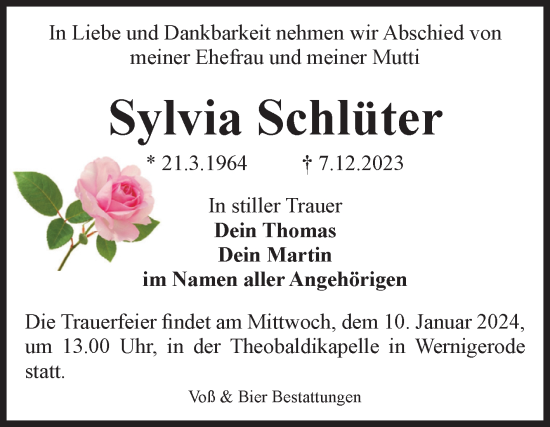 Traueranzeige von Sylvia Schlüter von Volksstimme Wernigerode