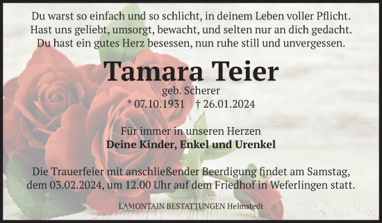 Traueranzeige von Tamara Teier von Volksstimme Haldensleben/Wolmirstedt