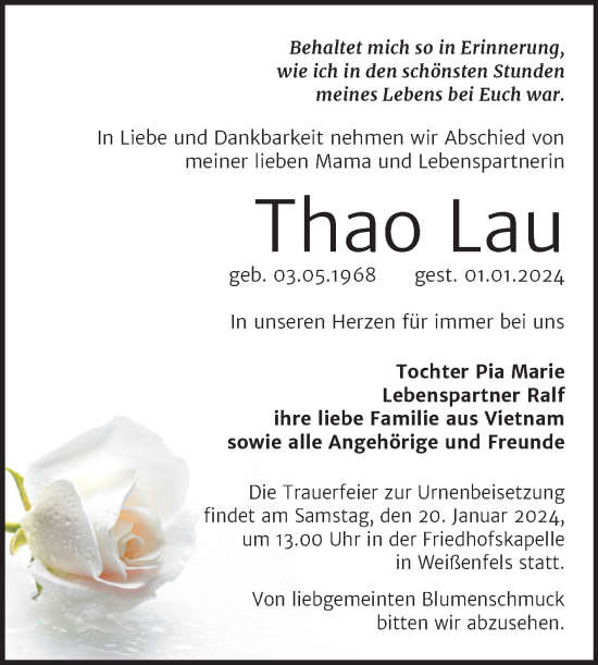 Traueranzeige von Thao Lau von Trauerkombi Weißenfels