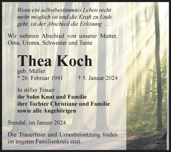 Traueranzeige von Thea Koch von Volksstimme Altmark Ost