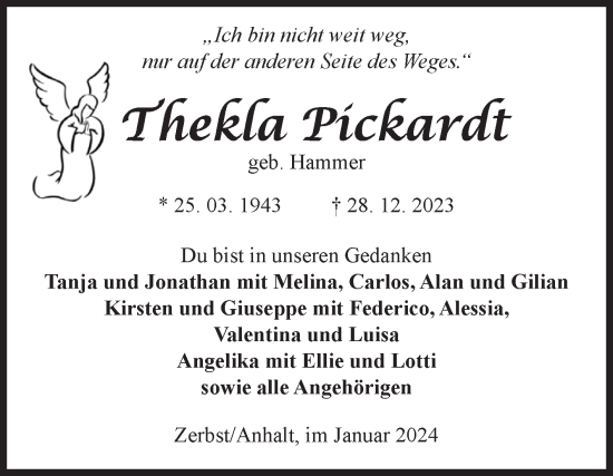 Traueranzeige von Thekla Pickardt von Volksstimme Zerbst
