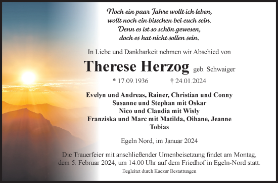 Traueranzeige von Therese Herzog von Volksstimme Staßfurt