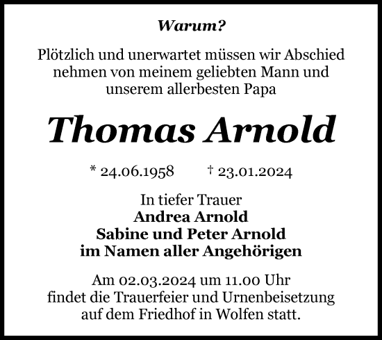 Traueranzeige von Thomas Arnold von Trauerkombi Bitterfeld