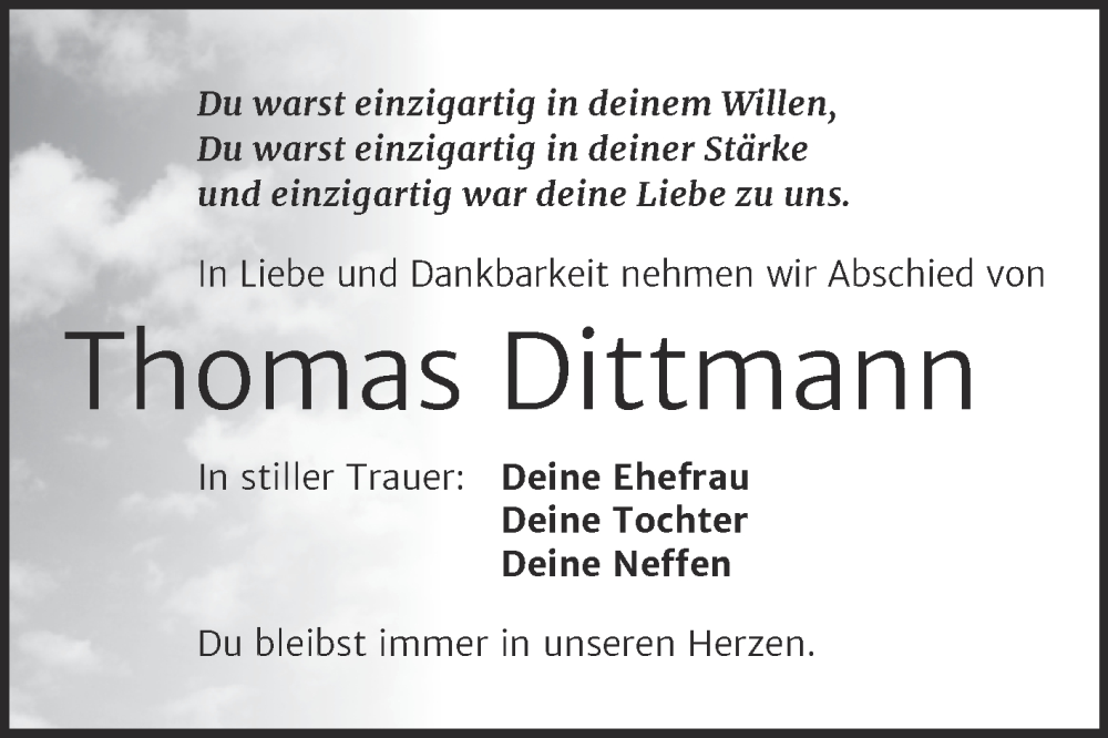  Traueranzeige für Thomas Dittmann vom 10.01.2024 aus Trauerkombi Merseburg