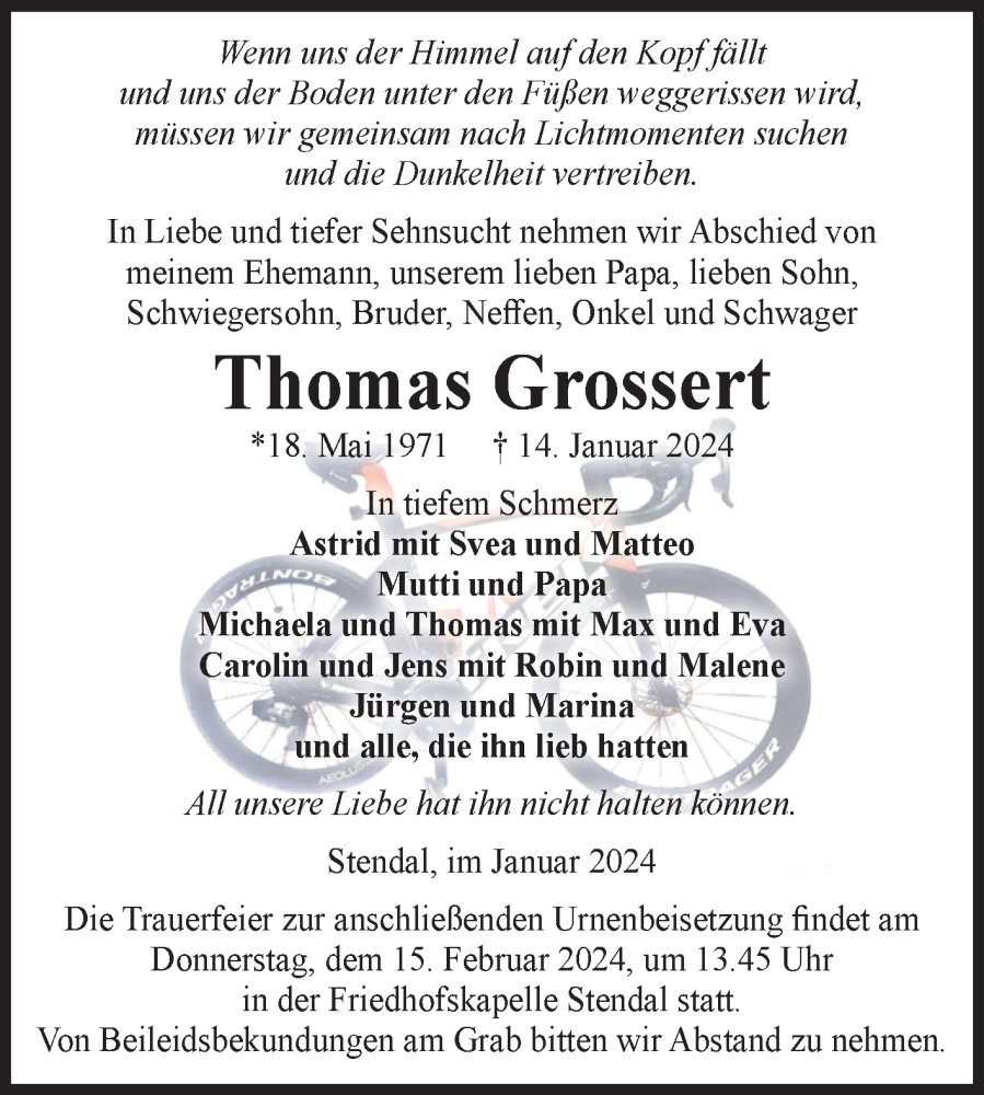  Traueranzeige für Thomas Grossert vom 27.01.2024 aus Volksstimme Altmark Ost