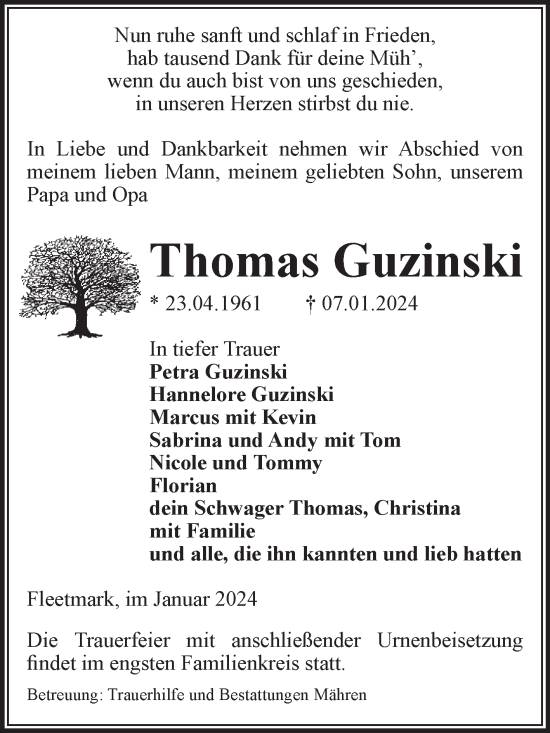 Traueranzeige von Thomas Guzinski von Volksstimme Altmark West