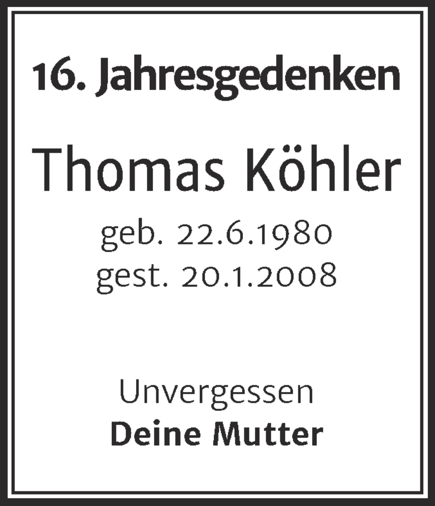  Traueranzeige für Thomas Köhler vom 20.01.2024 aus Mitteldeutsche Zeitung Halle/Saalkreis