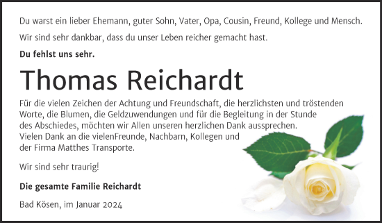 Traueranzeige von Thomas Reichardt von Naumburger Tageblatt