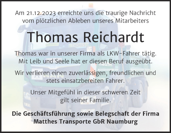 Traueranzeige von Thomas Reichardt von Naumburger Tageblatt