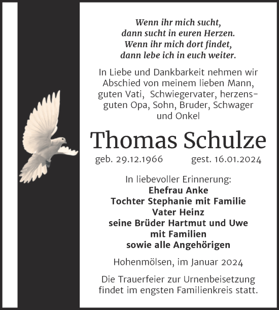 Traueranzeige von Thomas Schulze von Mitteldeutsche Zeitung Weißenfels