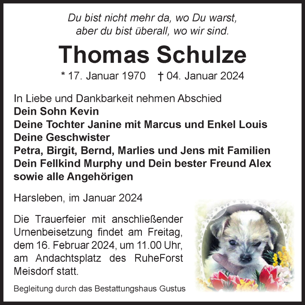 Traueranzeige für Thomas Schulze vom 13.01.2024 aus Volksstimme Halberstadt