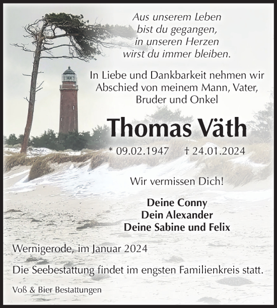 Traueranzeige von Thomas Väth von Volksstimme Wernigerode