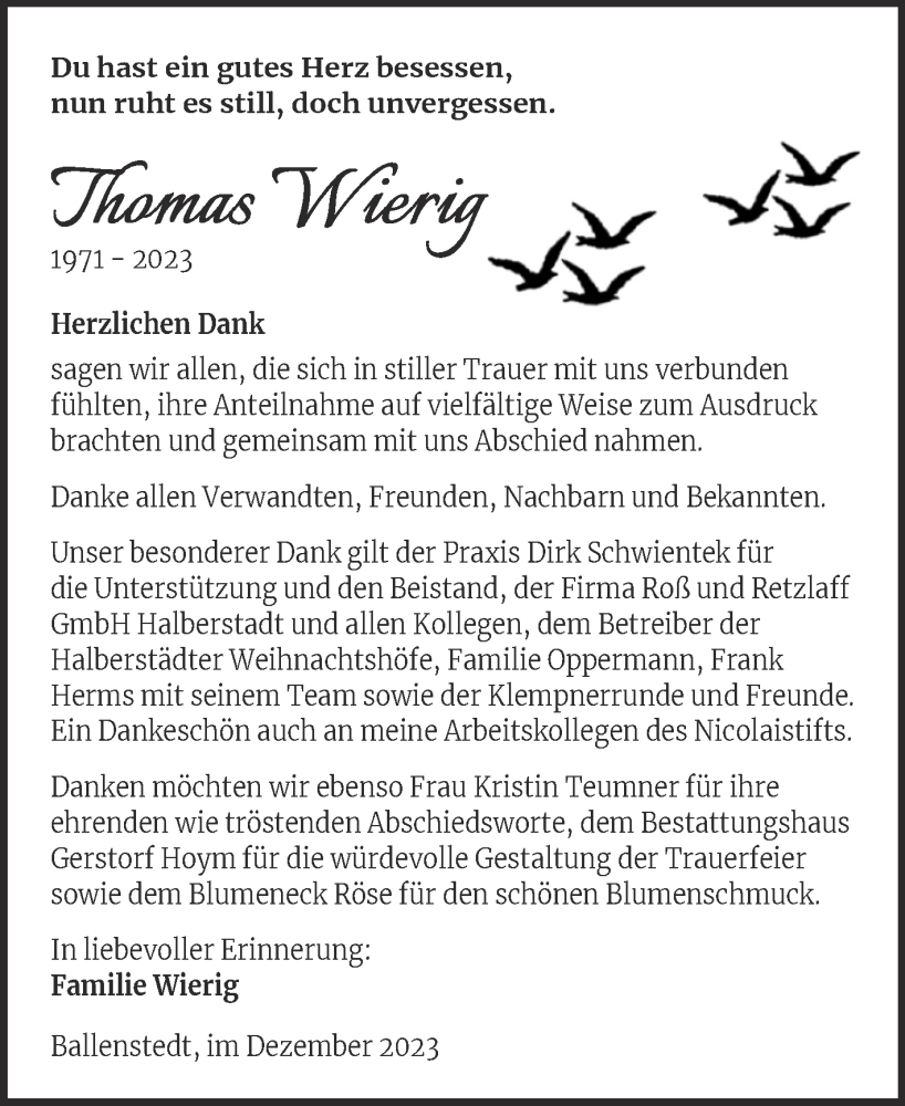  Traueranzeige für Thomas Wierig vom 13.01.2024 aus Trauerkombi Quedlinburg