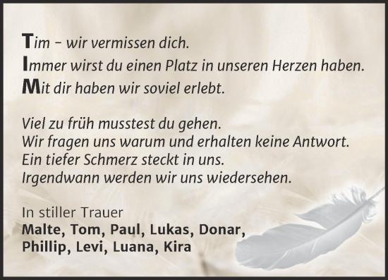 Traueranzeige von Tim  von Trauerkombi Bernburg