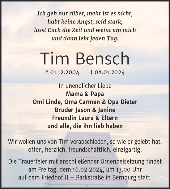 Traueranzeige von Tim Bensch von Trauerkombi Bernburg