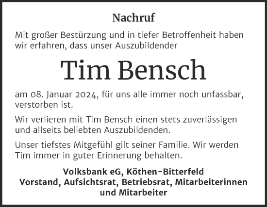 Traueranzeige von Tim Bensch von Mitteldeutsche Zeitung Bernburg