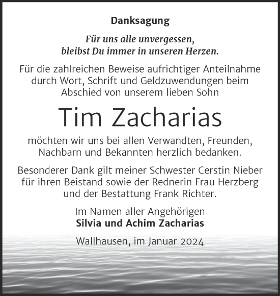 Traueranzeige von Tim Zacharias von Trauerkombi Sangerhausen