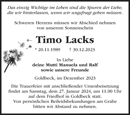 Traueranzeige von Timo Lacks von Volksstimme Altmark Ost