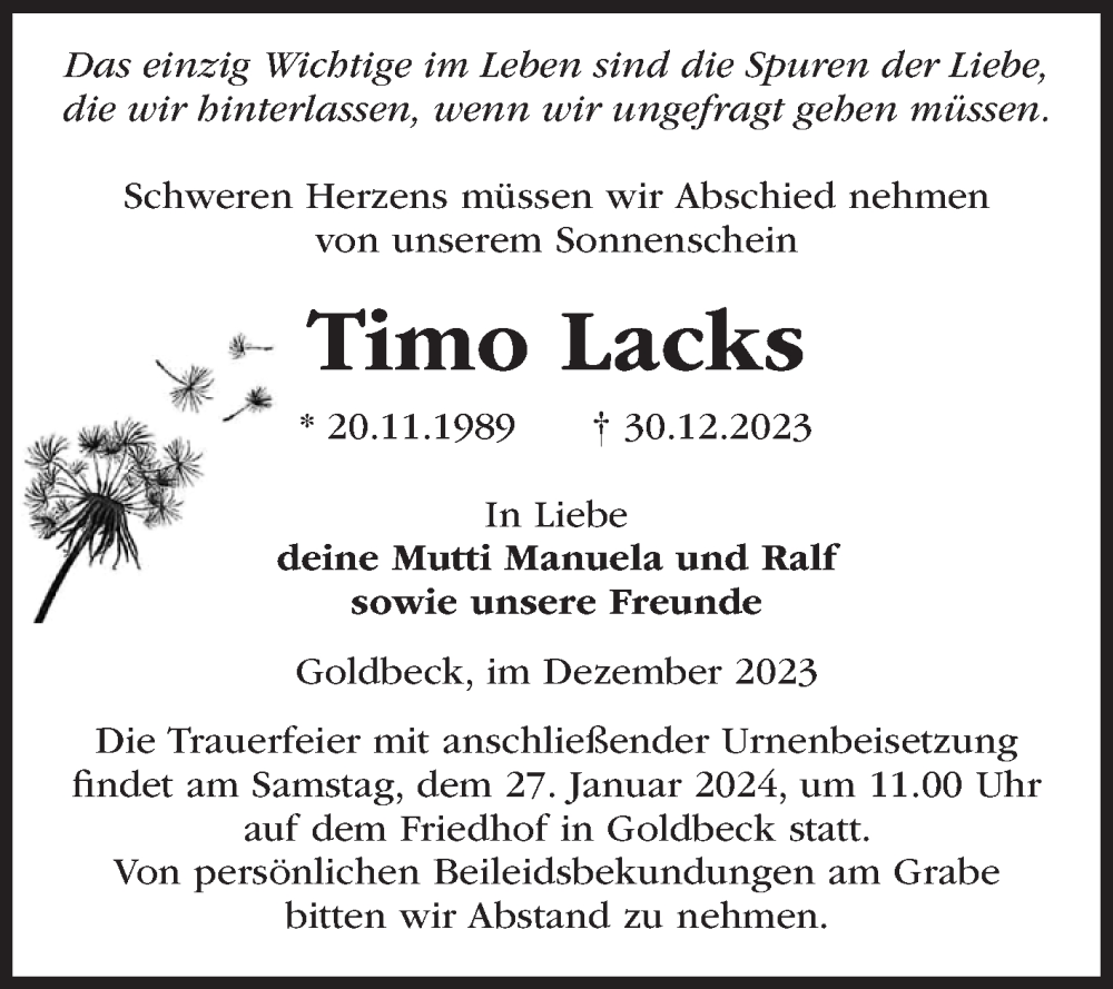  Traueranzeige für Timo Lacks vom 13.01.2024 aus Volksstimme Altmark Ost