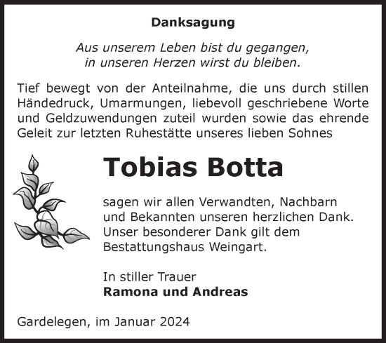 Traueranzeige von Tobias Botta von Volksstimme Altmark West