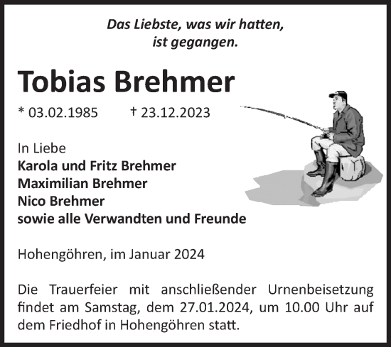 Traueranzeige von Tobias Brehmer von Volksstimme Altmark Ost