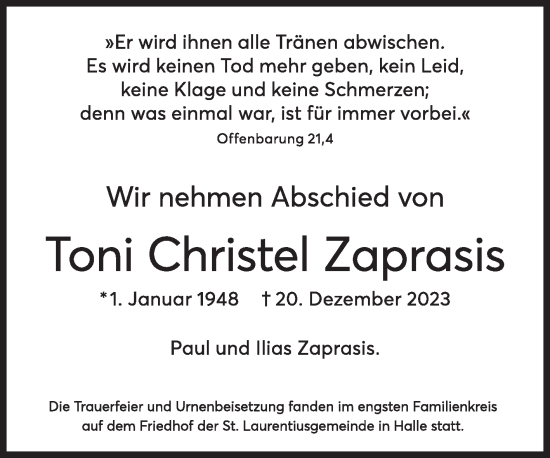 Traueranzeige von Toni Christel Zaprasis von Mitteldeutsche Zeitung Halle/Saalkreis