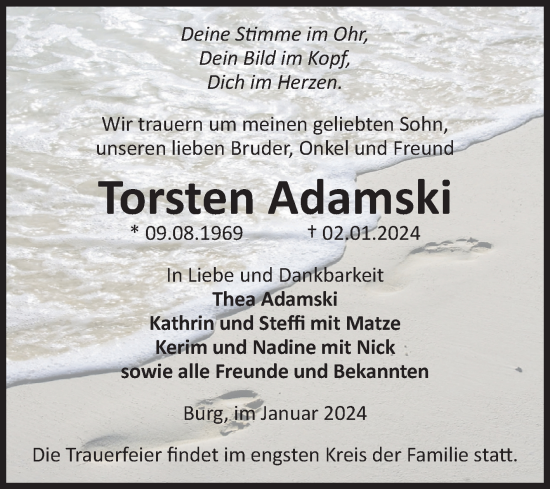Traueranzeige von Torsten Adamski von Volksstimme Burg/Genthin